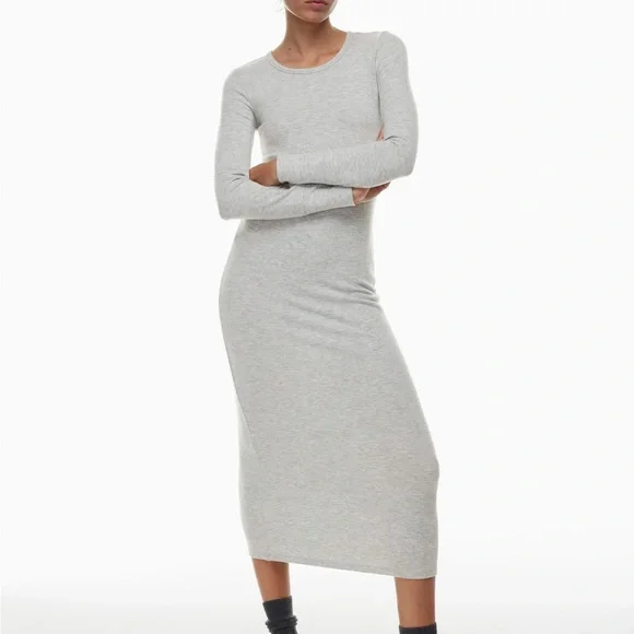 Aritzia Light Gray Long Sleeve Dress Soft-brushed jersey maxi dress size Large - Picture 1 of 8